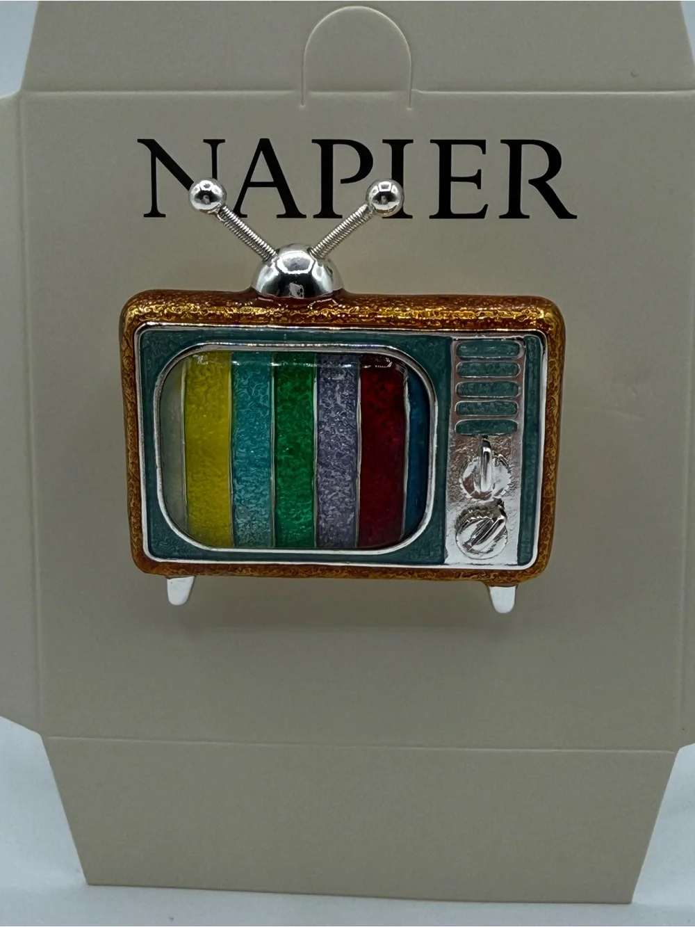 Vintage Napier Retro Television Brooch Pin Color Bar TV Enamel Silver Tone